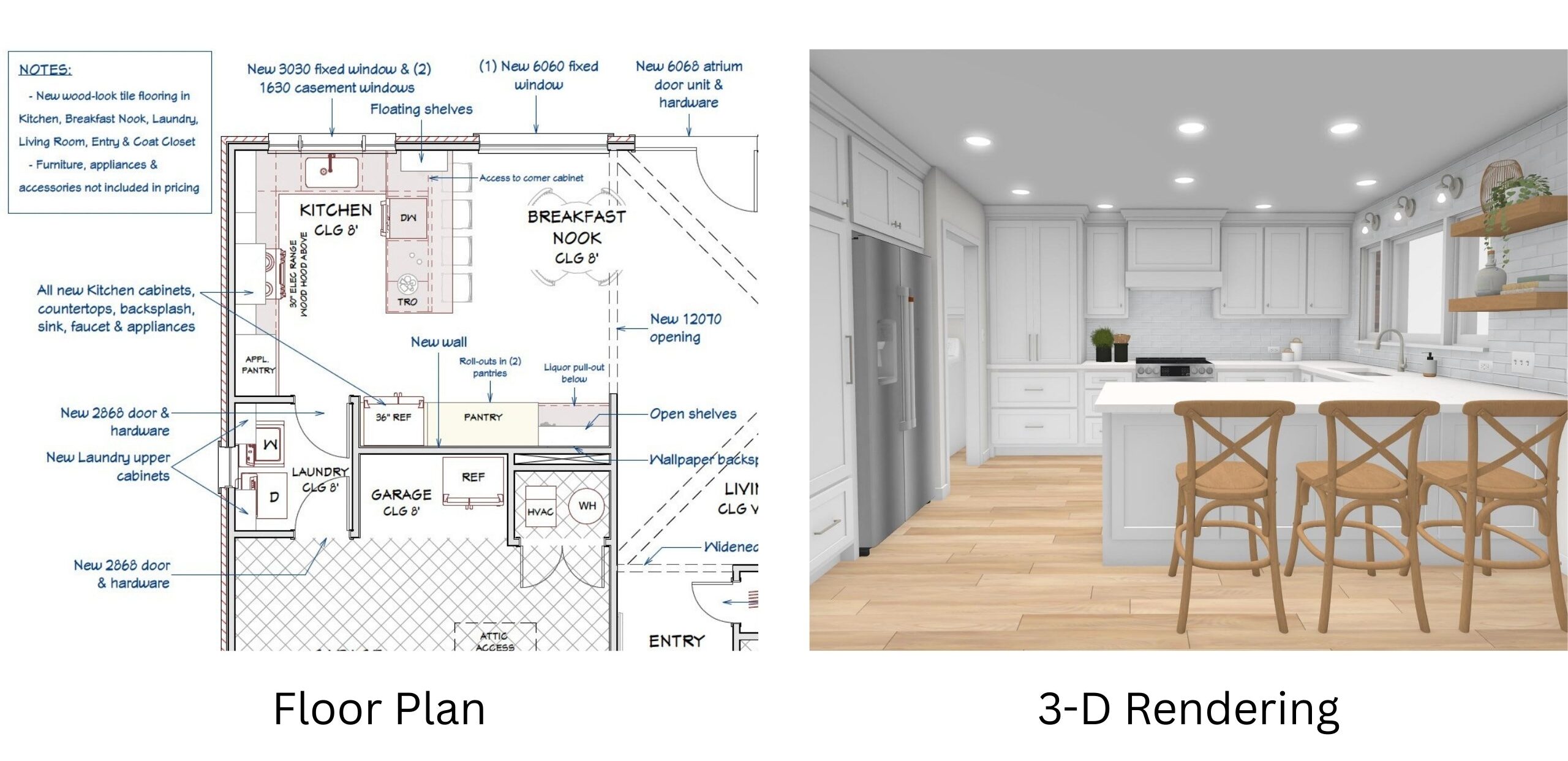 Medford Design-Build Kitchen Remodel Floor Plan and 3-D Rendering in Arlington, TX